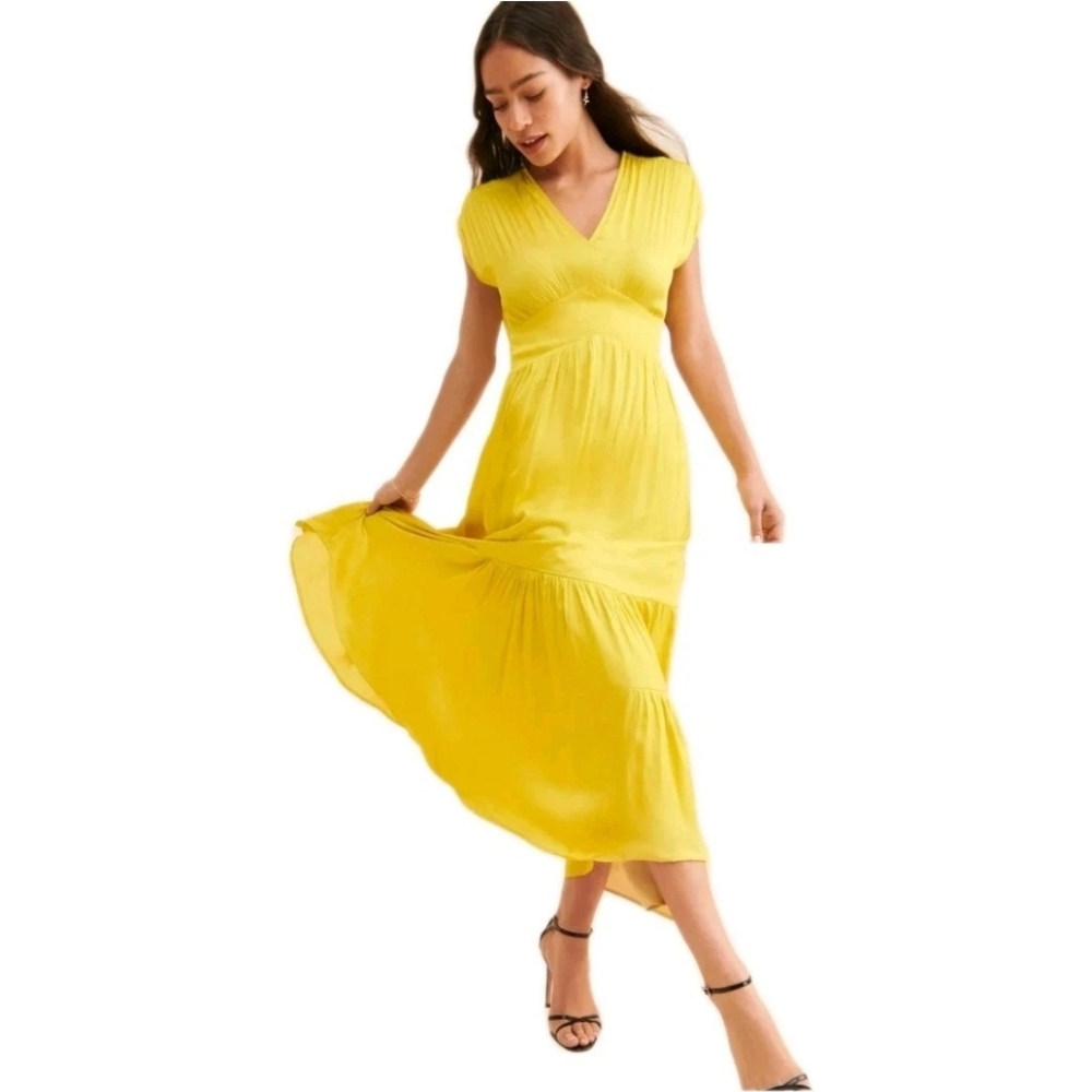 Anthropologie Du Paradis Tiered Satin Yellow Pullover Maxidress Size: Medium